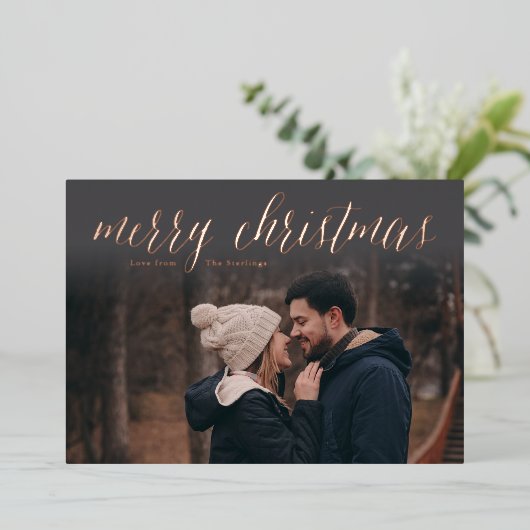 Rose Gold Foil Joyeux Carte photo de Noël Charbon (Debout devant)