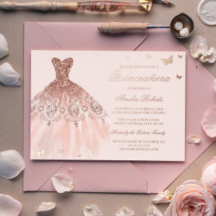 ROSE GOLD FOIL Jurk Vlinder Quinceanera Folie Uitnodiging