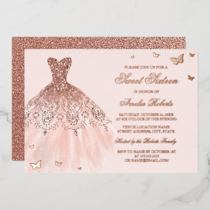 ROSE GOLD FOIL Jurk Vlinder Sweet Sixteen  Folie Uitnodiging