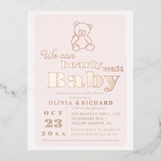 Rose Gold Foil Moderne Ours Baby shower Invitation (Recto)