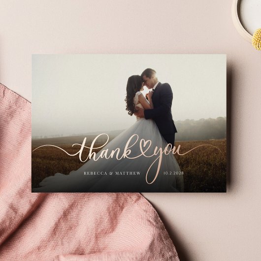 Rose Gold Foil Script Mariage photo Carte de remer