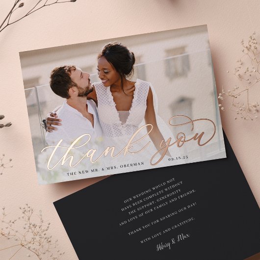 Rose Gold Foil Script Mariage photo Carte de remer