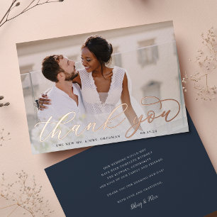 Rose Gold Foil Script Mariage photo Carte de remer