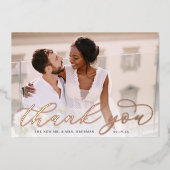 Rose Gold Foil Script Mariage photo Carte de remer (Recto)