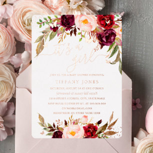 ROSE GOLD FOLIE Blush Burgundy Bloemen Baby Shower Uitnodiging