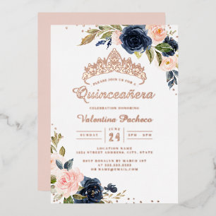 ROSE GOLD FOLIE Navy Blush Quinceanera Uitnodiging