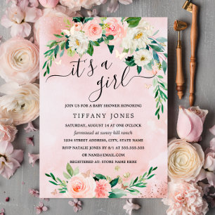 ROSE GOLD FOLIE Roze Blush Bloemen Baby Shower Uitnodiging