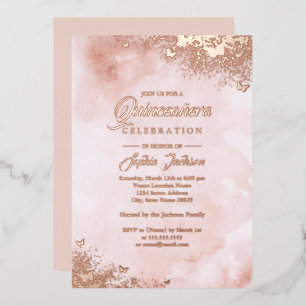 ROSE GOLD FOLIE Roze Perzik Vlinder Quinceanera Uitnodiging