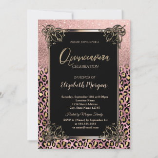 Rose Gold Glitter Border Leopard Quinceañera Kaart