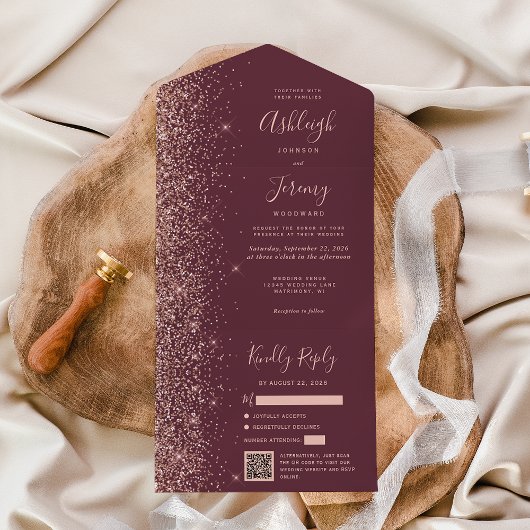 Rose Gold Glitter Burgundy QR Code Wedding All In One Uitnodiging