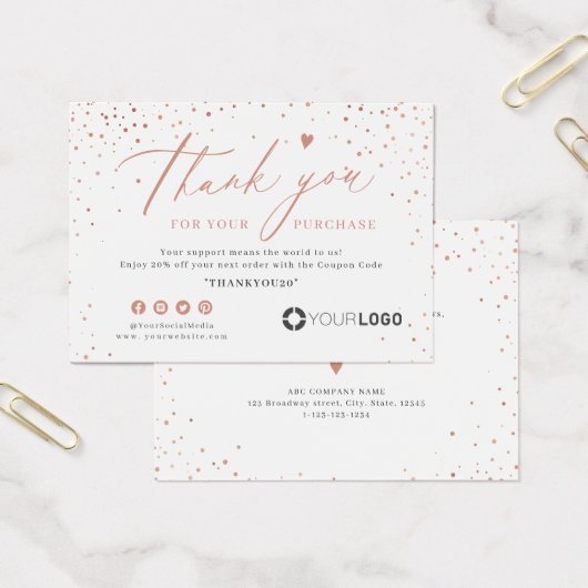 Rose gold glitter business logo thank you insert (Bureau)