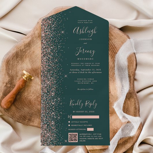 Rose Gold Glitter Dark Green QR Code Wedding All In One Uitnodiging