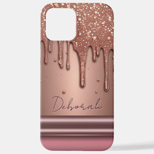 Rose Gold Glitter Drip Custom Name Monogram iPhone Hoesje (Achterkant)