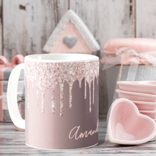 Rose gold glitter drips caffe latte name sparkle koffiemok