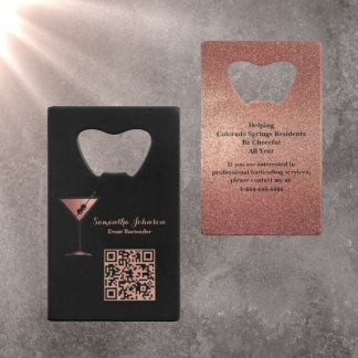 Rose Gold Glitter Event Bartender QR Code Kredietkaart Flessenopener