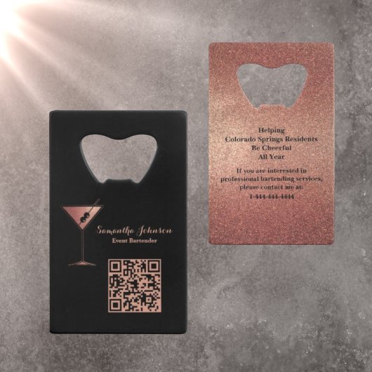 Rose Gold Glitter Event Bartender QR Code Kredietkaart Flessenopener