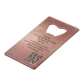Rose Gold Glitter Event Bartender QR Code Kredietkaart Flessenopener (Achterkant Gekanteld)