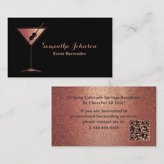Rose Gold Glitter Event Bartender QR Code Visitekaartje (Voorkant / Achterkant)