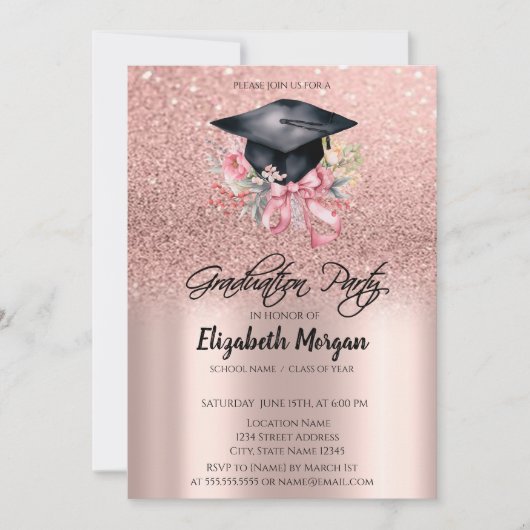 Rose Gold Glitter Floral Grad Cap Bow Graduation Kaart (Voorkant)