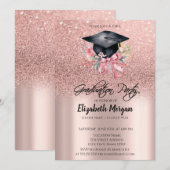 Rose Gold Glitter Floral Grad Cap Bow Graduation Kaart (Voorkant / Achterkant)