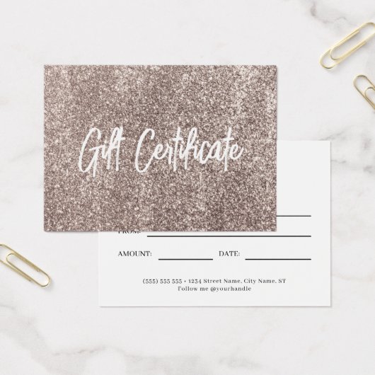 Rose Gold Glitter Modern Voucher Certificat cadeau (Bureau)