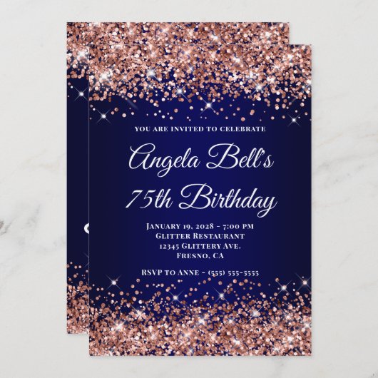Rose Gold Glitter Navy Blue Ombre 75th Birthday Kaart (Voorkant / Achterkant)