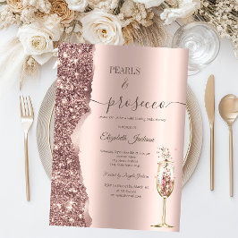 Rose Gold Glitter Pearls & Prosecco Bridal Shower Kaart