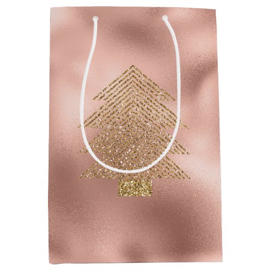 Rose Gold Glitzy Glitter Christmas Tree      Medium Cadeauzakje (Voorkant)