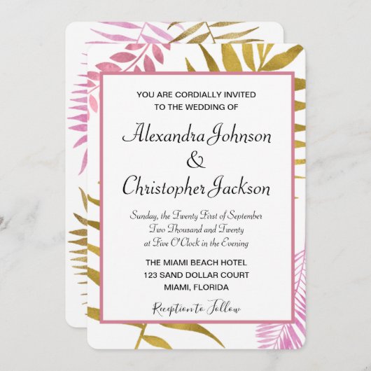 Rose Gold & Gold Foil Faire-part de mariage Tropic (Devant / Derrière)