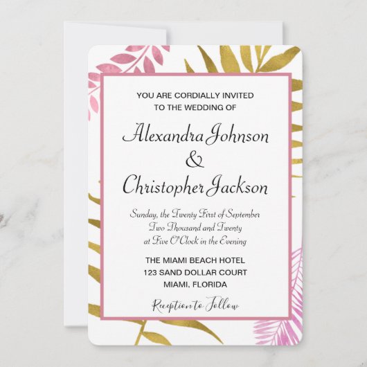 Rose Gold & Gold Foil Faire-part de mariage Tropic (Devant)