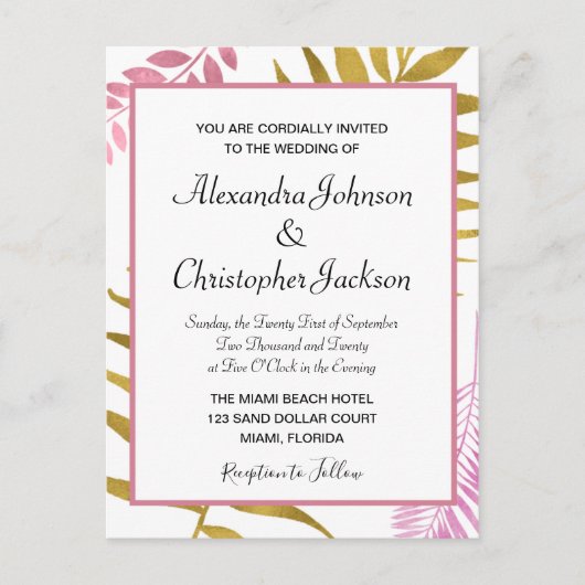 Rose Gold & Gold Foil Faire-part de mariage Tropic (Devant)