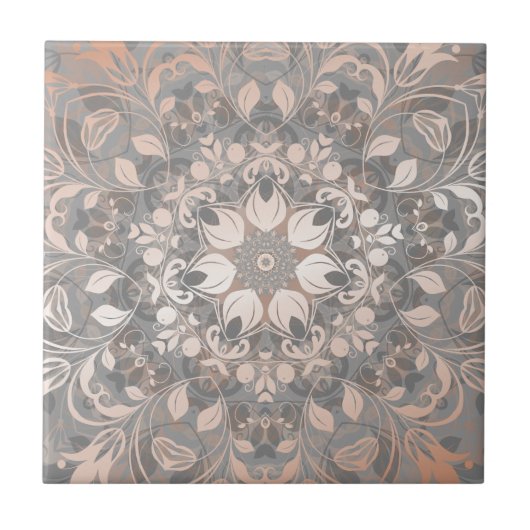 Rose Gold Gray Floral Mandala Tegeltje (Voorkant)