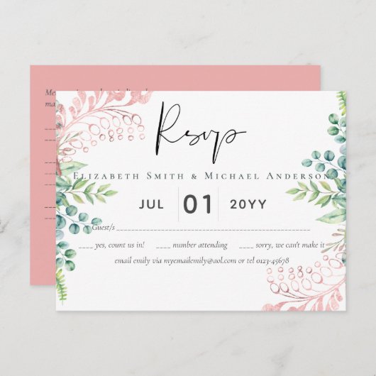 Rose Gold Greenery Wedding RSVP MENU (Devant / Derrière)