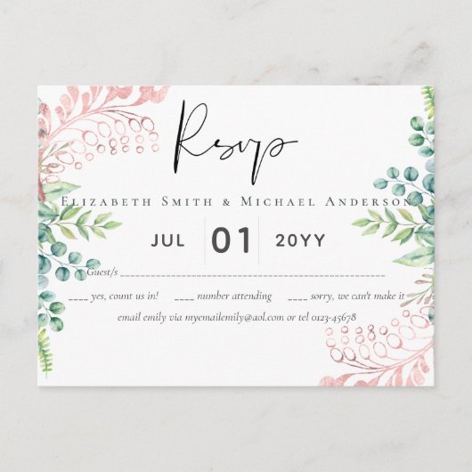 Rose Gold Greenery Wedding RSVP MENU (Devant)