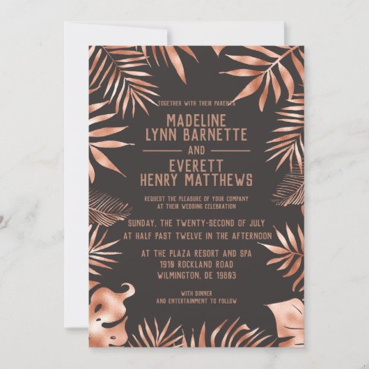 Rose Gold & Grey Palm Feuille Faire-part de mariag (Devant)