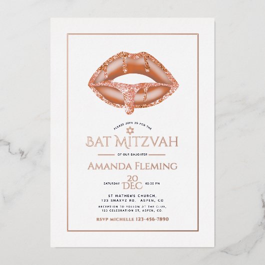 Rose Gold Lips Bat mitzvah Photo Foil Invitation (Recto)