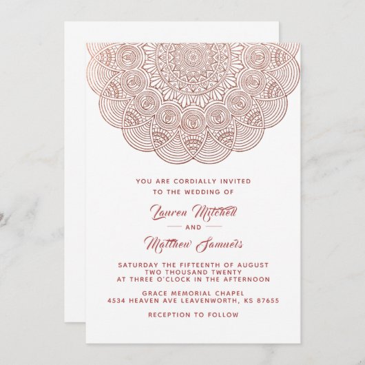 Rose Gold Mandala Faire-part de mariage (Devant / Derrière)