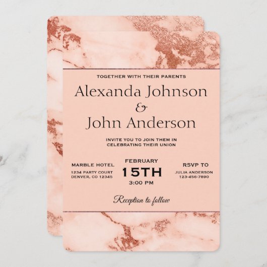 Rose Gold Marble Elégant Mariage Invitation (Devant / Derrière)