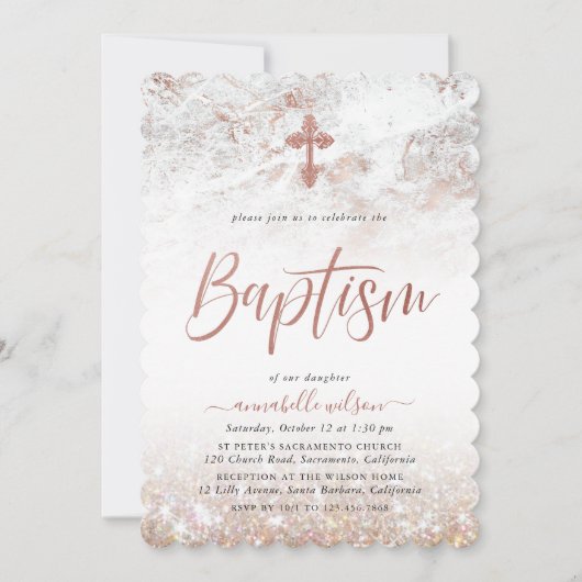 Rose Gold Marble Girl Baptême Invitation (Devant)