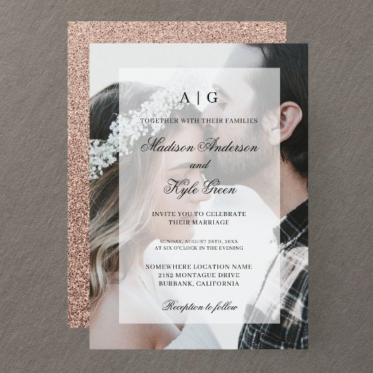 Rose Gold Mariage Photo Invitation avec superposit