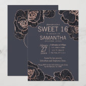 Rose Gold Marine Blue Flowers Sweet 16 Invitations (Devant / Derrière)