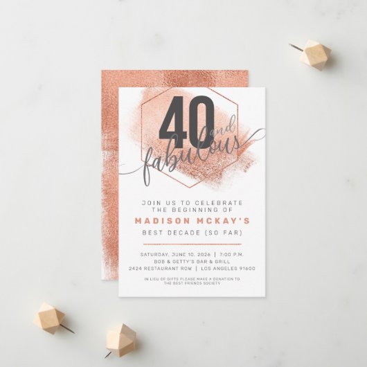 Rose Gold Minimaliste 40e anniversaire Invitation (Devant/Arrière en situation)