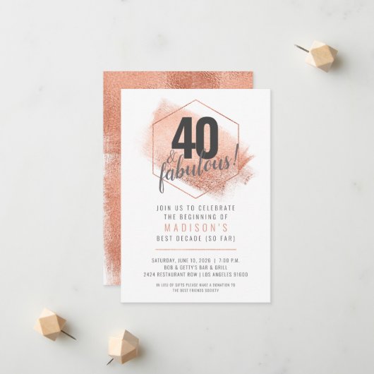 Rose Gold Minimaliste 40e anniversaire Invitation (Devant/Arrière en situation)