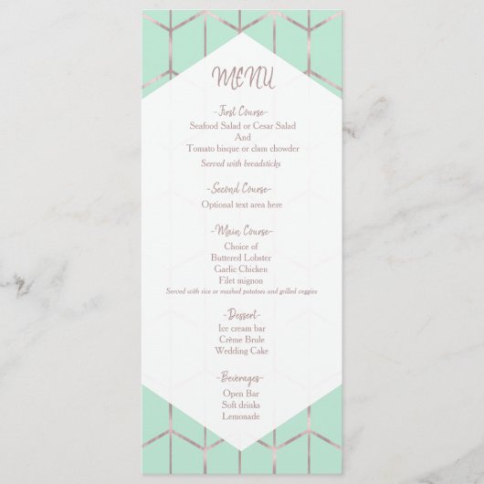 Rose Gold Mint Green Chic Mariage géométrique Menu (Devant)