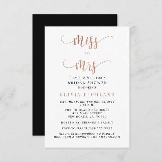 Rose Gold Miss à Mme Bridal Shower Invitations (Devant / Derrière)