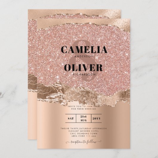 Rose Gold Moderne Glamor Mariage Invitation (Devant / Derrière)
