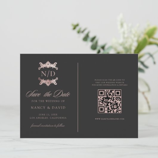 Rose Gold Monogram Qr Code Wedding  Save The Date (Staand voorkant)