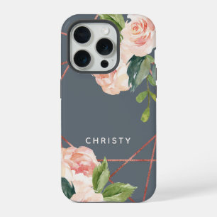 Rose Gold Monogramme Aquarelle Florale Bleu Poussi