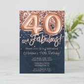 Rose Gold Navy Blue 40th Birthday Party Invitation (Debout devant)