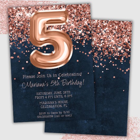 Rose Gold Navy Blue 5th Birthday Party Invitation